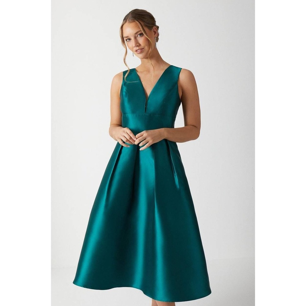 Coast Plunge Neck Structured Twill Midi Dress Emerald Green US 8 NWT Pockets